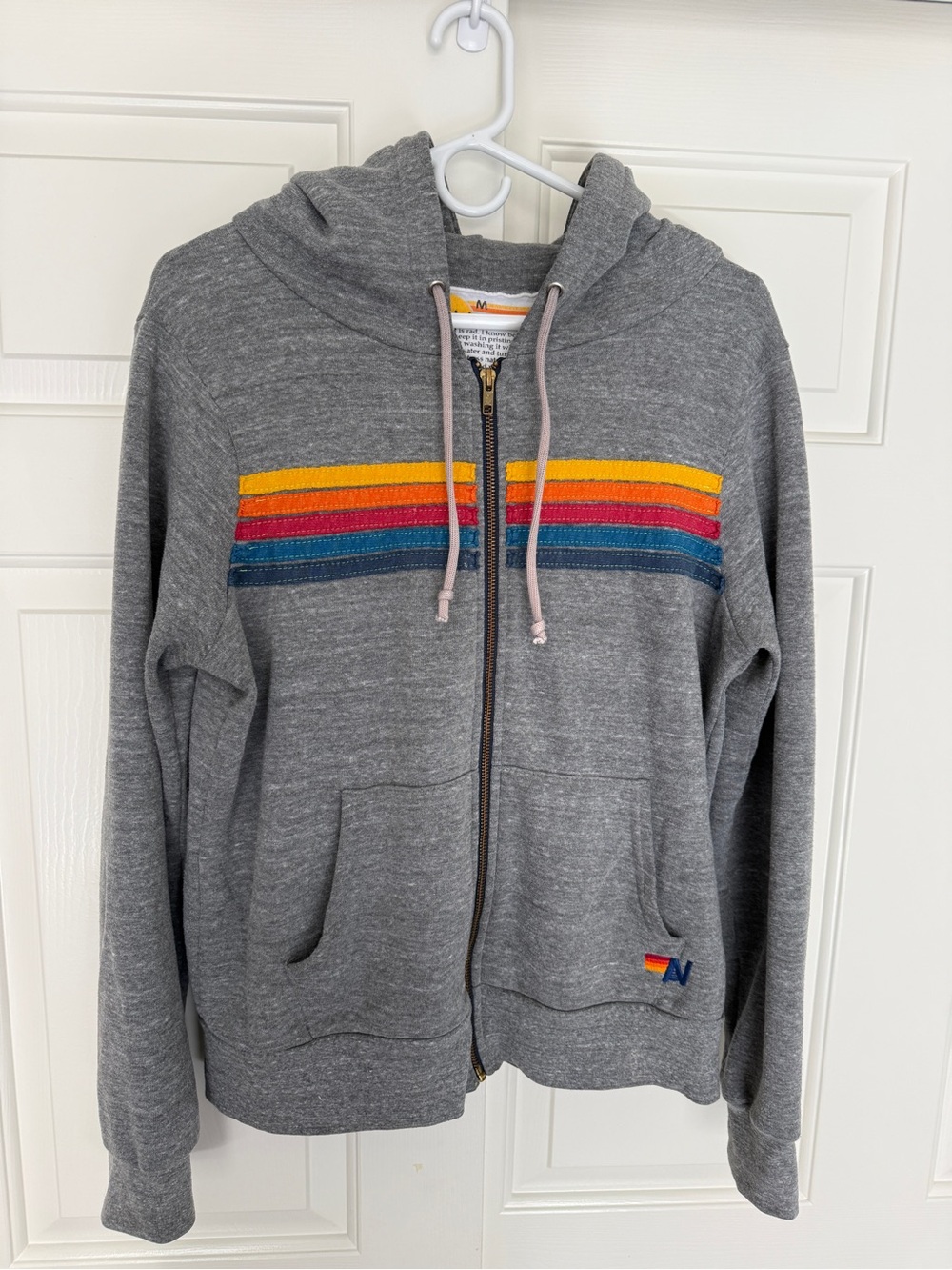 AVIATOR NATION 5 Stripe Zip-Up Hoodie Heather Grey SIZE M
